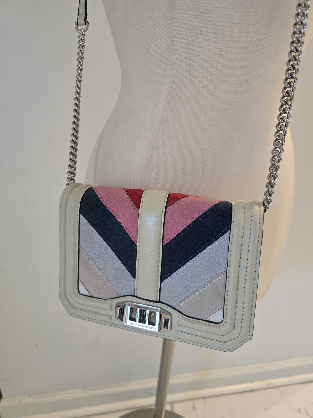 Rebecca Minkoff Cream Chevron Suede Crossbody with Pink and Navy Accents